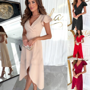 Cool Solid Color And V-neck Waist-tight Dress