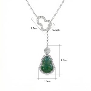 925 Sterling Silver Green Jade Laughing Buddha Necklace with CZ Accents and Gourd Detail
